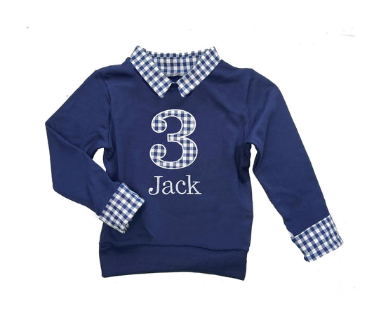 boys birthday outfit, collared birthday sweater, personalized preppy cake smash shirt, navy gingham, first, second, third, fourth, fifth