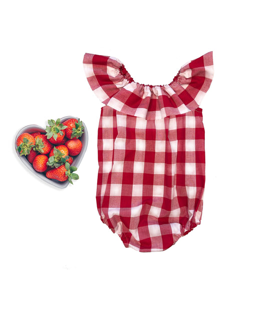 Girls Red Gingham Romper, Patriotic Summer Bubble Outfit for baby and toddler