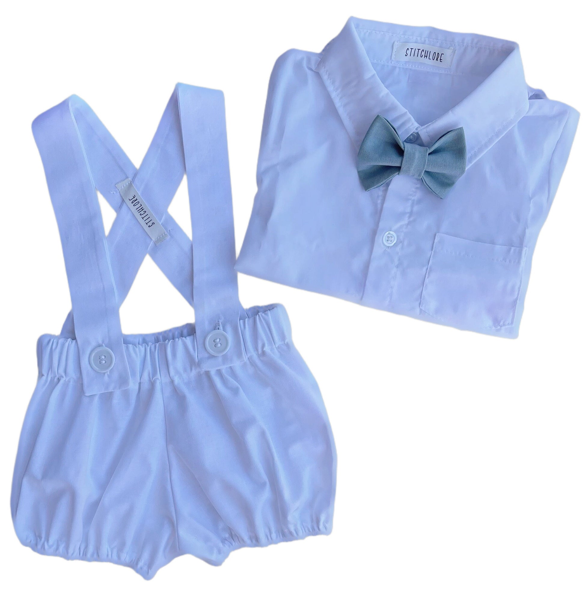 Baby Boys White Linen Baptism Christening Outfit, Suspender Bloomers, Vintage Style First Birthday Cake Smash Photo