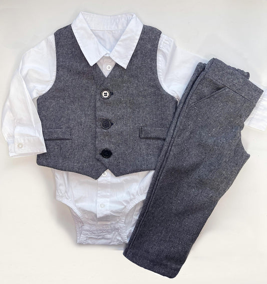 ring bearer outfit, suspender shorts for vintage style weddings, suit with linen vest blazer and bowtie, baby, toddler and youth sizes, navy