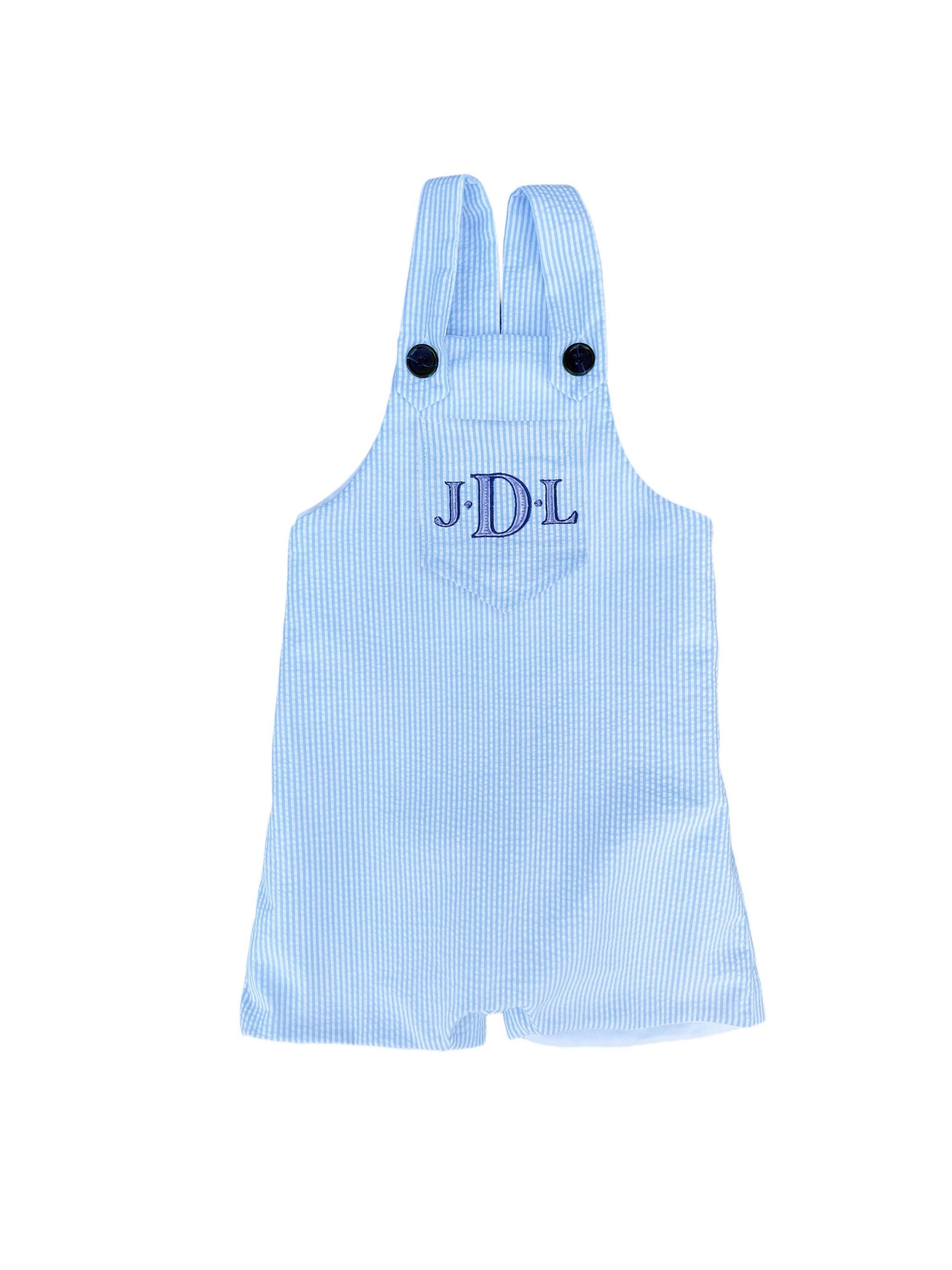 boys seersucker overalls, blue and white monogrammed romper, great for Easter, spring and summer baby showers and new baby gifts