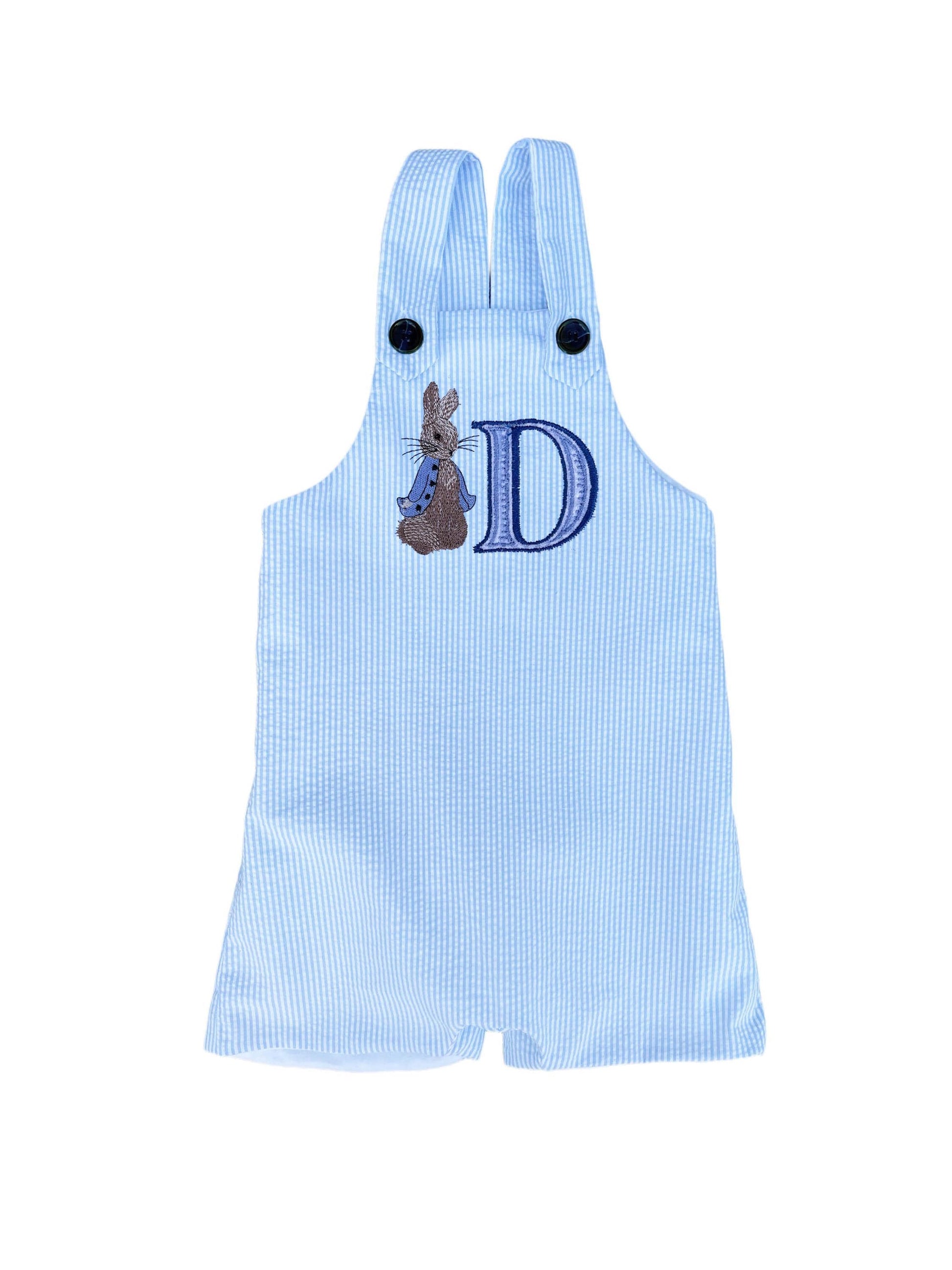 boys seersucker overalls, blue and white monogrammed romper, great for Easter, spring and summer baby showers and new baby gifts