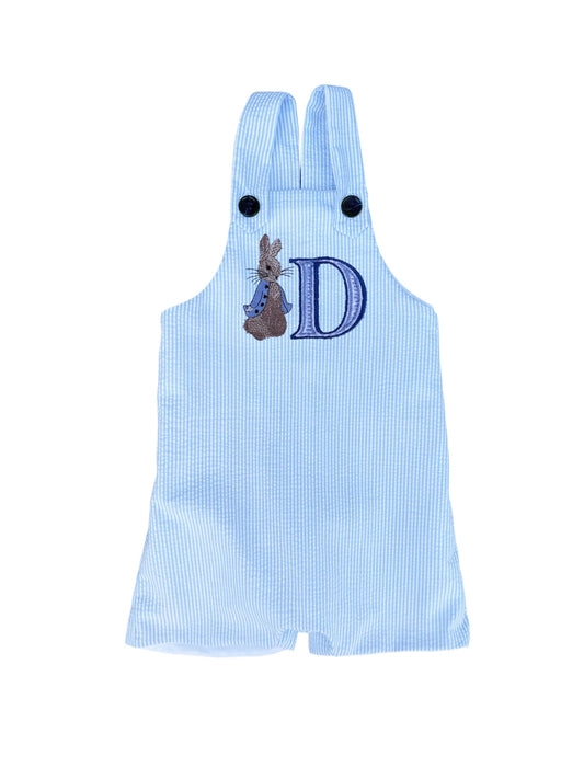 boys seersucker overalls, blue and white monogrammed romper, great for Easter, spring and summer baby showers and new baby gifts